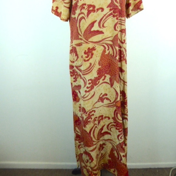 CITRON Santa Monica gold red KOI FLORAL SILK mandarin short sleeve maxi Dress M - Picture 3 of 6